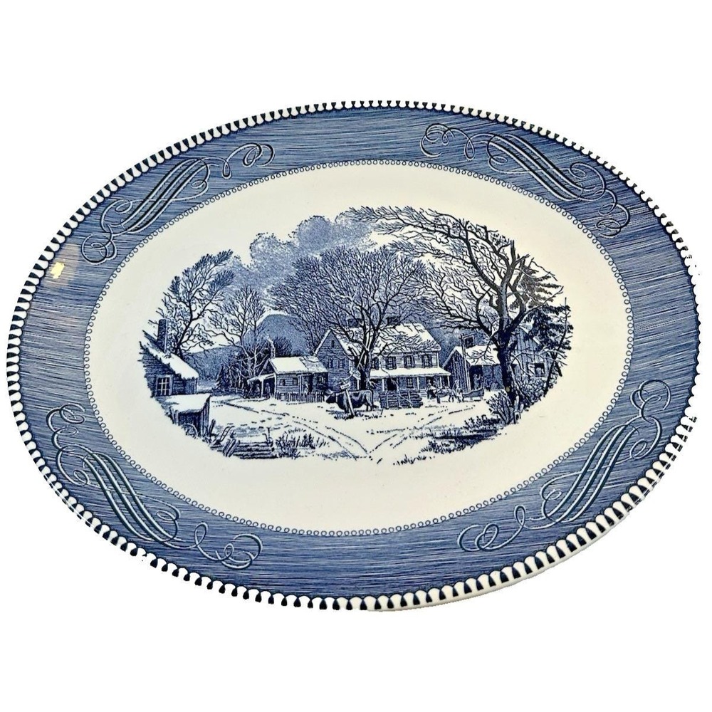 Vintage Royal China Currier and Ives Blue Oval Platter 13" Old Inn Winter EVC